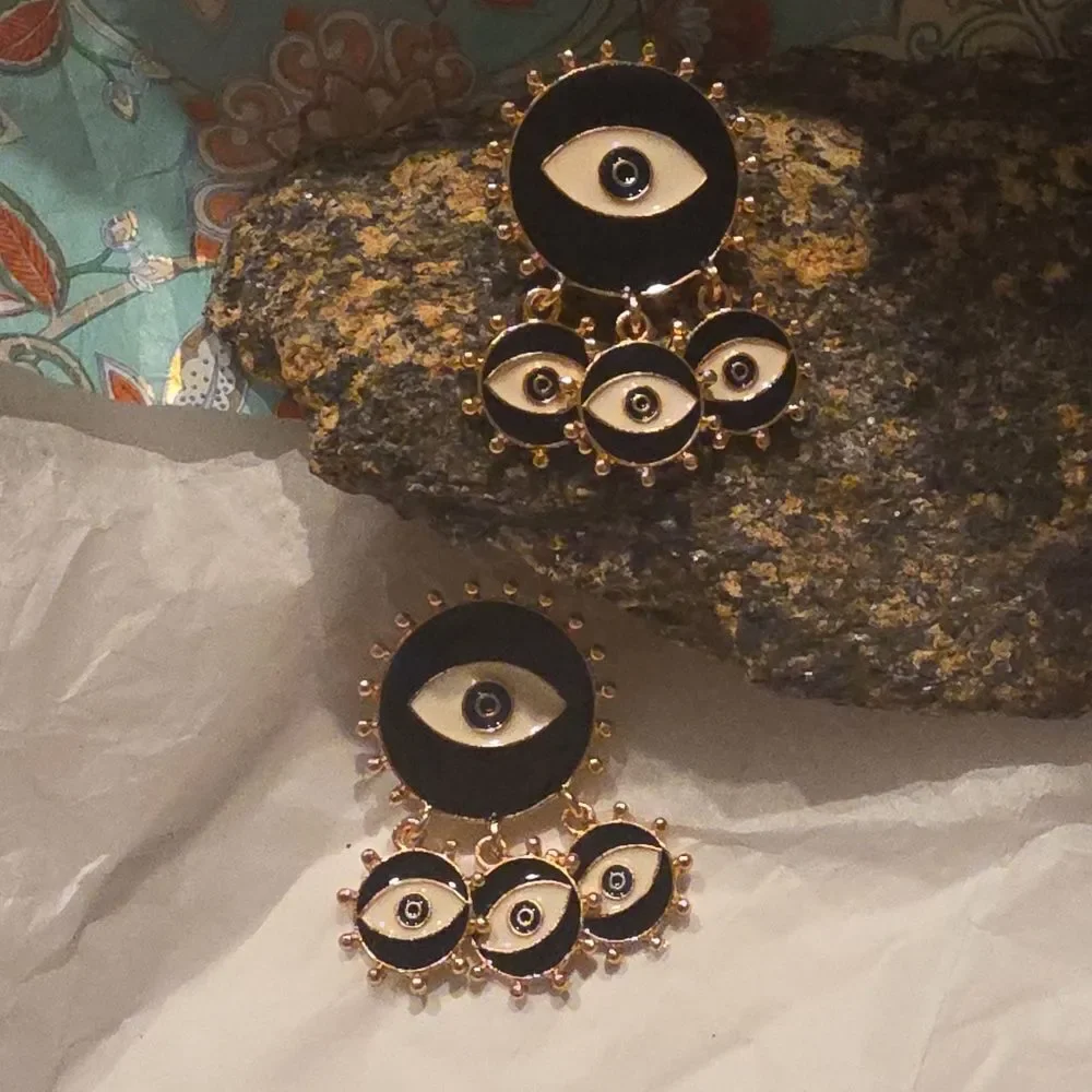 Mati Nazar Black Gold Evil Eye Statement Earrings { NWOT